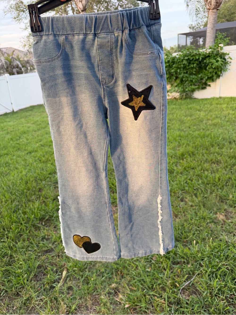 Girls Light Wash Blue Star & Heart Embellished Denim Pants